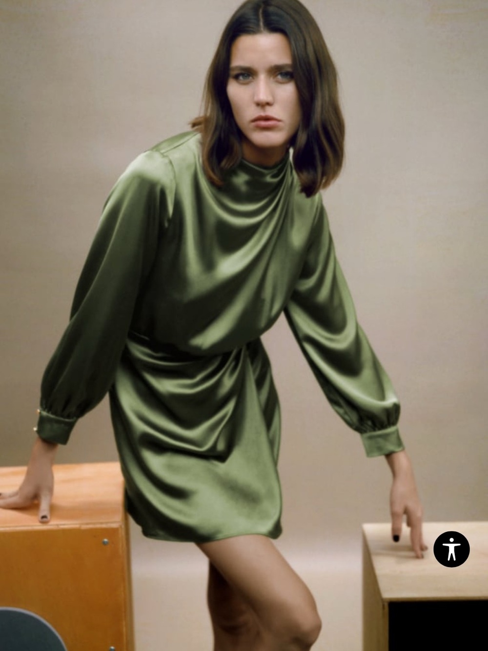 Zara Satin Olive Long Sleeve Dress